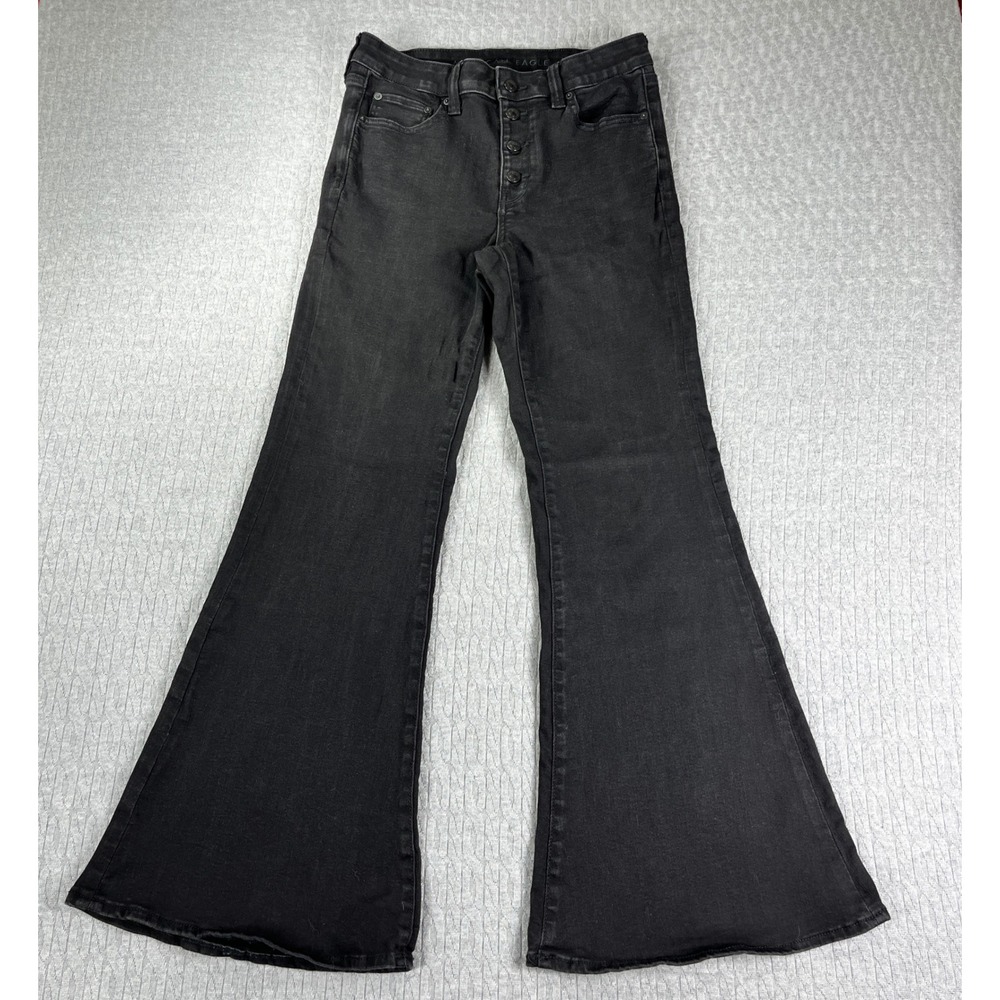 American Eagle Bootcut Flare Jeans Women 8/28x30 Black High Rise Button Stretch